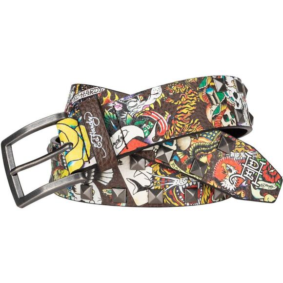 Ed Hardy Men's Multi Print Brown Belt With Pyramid Rivet Studs - Picture 1 of 3